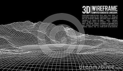 Abstract vector wireframe landscape background. Cyberspace grid. 3d technology wireframe vector illustration. Digital Vector Illustration