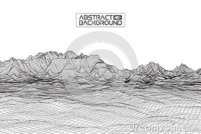 Abstract vector wireframe landscape background. Cyberspace grid. 3d technology wireframe vector illustration. Digital Vector Illustration