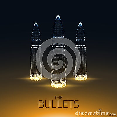 Abstract vector yellow background with glowing bullet. Cloud of shining points in the shape of a bullet. Vector Illustration