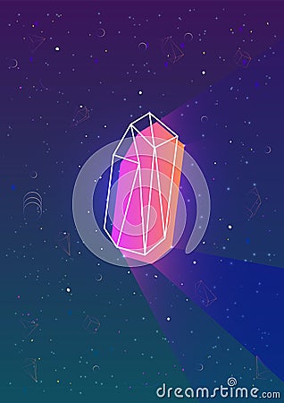 Abstract vertical backdrop with glowing neon colored polygonal geometric shape and its outline against night sky full of Vector Illustration