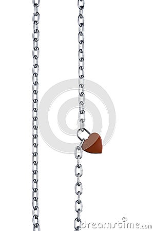 Abstract, vertical straight red heart shaped combination lock, Symbol valentine, happy, unhappy. Metal chain padlock. Creative Stock Photo