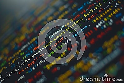 Abstract view of colorful programming language elements with blurred lights. Stock Photo