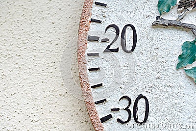 Abstract view of part of a large Garden thermometer showing minus degree values on its round design. Editorial Stock Photo