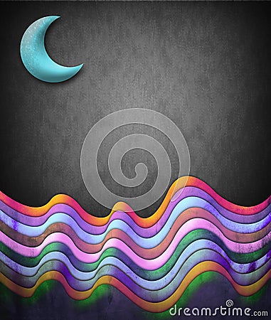 Abstract vintage illustration - scene with moon and color waves Cartoon Illustration