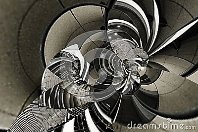 Abstract vintage texture architecture spiral of stairs, staircase, glass, metal, steel. Circle round curve line geometry. Fractal Stock Photo