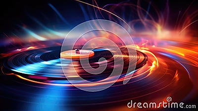 Abstract vinyl LP record spinning with colorful streaks of light, capturing the energy and rhythm of music in motion on the Stock Photo