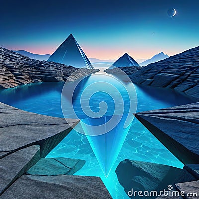 abstract virtual landscape with blue rocks and Surreal fantastic background with triangular Cartoon Illustration