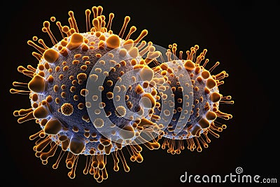 Abstract virus cell on a black background, representing the microscopic world of biology and the danger of contagious diseases Stock Photo