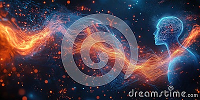 Abstract visualization of human, AI minds merging. Colorful neural networks, digital data streams blend. Bright sparks, light Stock Photo