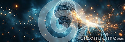 An abstract visualization of neural synapses in the body, with vibrant, glowing connections and dynamic, flowing lines Stock Photo
