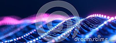 Abstract Visualization of Tech Data Stream with Flowing Wavy Lines in Pink and Blue, computer digital screen background Stock Photo