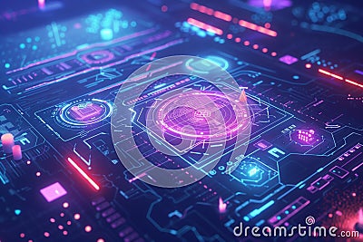 Abstract visualizing futuristic technology and cybersecurity solutions with graphs, sensors data, and monitoring metrics. Glowing Stock Photo