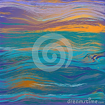 Abstract vivid sunset seascape with cloudy sky, reflections on wavy water surface Vector Illustration