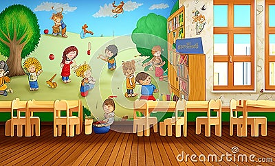 abstract wall painting depicting illustrations of human activities Cartoon Illustration