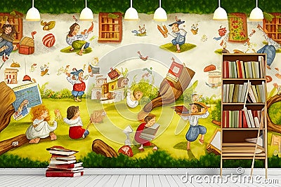 abstract wall painting depicting illustrations of human activities Cartoon Illustration