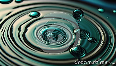 Abstract water ripples and rings. Water surface tension drops and droplets. Flowing wave of liquid. Texture teal Background. Stock Photo