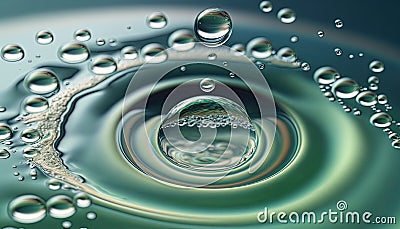 Abstract water ripples and rings. Water surface tension drops and droplets. Flowing wave of liquid. Texture teal Background. Stock Photo