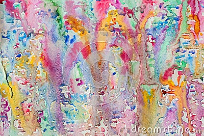 Abstract watercolor all colors of the rainbow background painting with spray, spots, splashes. Hand drawn on paper grain Stock Photo