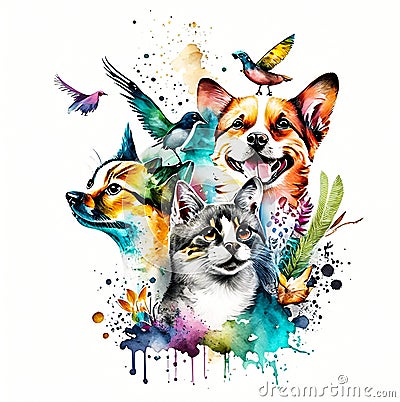 Abstract watercolor animals lovely cats bird and the dog background wallpaper Stock Photo