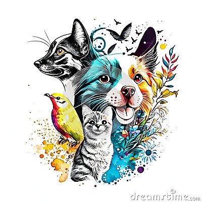 Abstract watercolor animals lovely cats bird and the dog background wallpaper Stock Photo