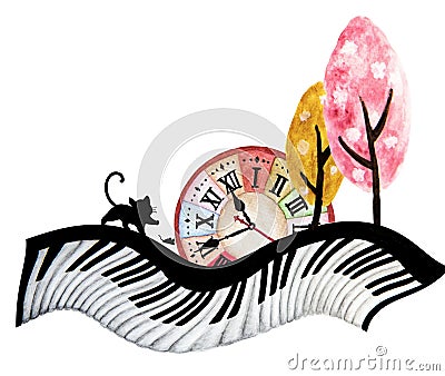 Abstract watercolor art hand painting of black cat , mouse , big clock and cute tree on piano keyboard Stock Photo