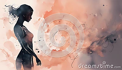 abstract watercolor art, peach color silhouette of a girl Stock Photo