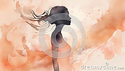 abstract watercolor art, peach color silhouette of a girl Stock Photo