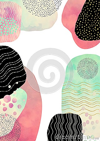 Abstract watercolor background with black pink and green blob shapes and forms with wavy line and dot pattern design elements in m Stock Photo