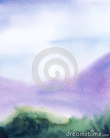 Abstract watercolor background with colorful layers. Gradient blurry landscape of green vegetation, purple mountains and soft blue Cartoon Illustration