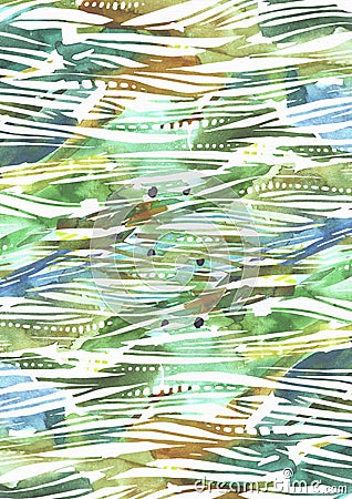 Abstract watercolor background with green and blue brush strokes in stripe texture hand drawn with freehand blobs, splashes and bl Cartoon Illustration