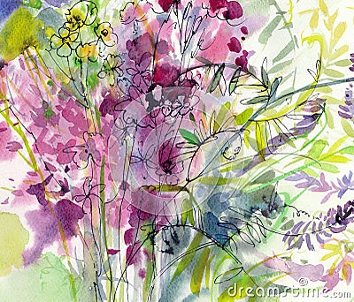 Abstract watercolor background, print, from a bouquet of summer wild flowers. Light summer Provencal style, ink and pen graphics. Stock Photo