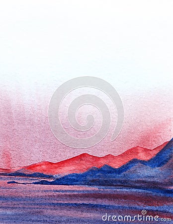 Abstract watercolor background. Simple romantic landscape with mountains. Gradient from white to pink. Red and blue mountains. Cartoon Illustration