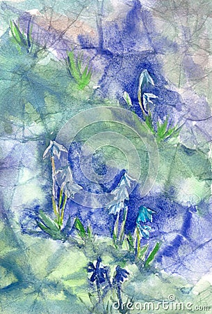 Abstract watercolor background with spring flowers in blue and green Stock Photo