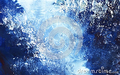 Abstract watercolor background. White paint splashes on dark blue background. Depth of ocean with glowing surges of foam. Hand Cartoon Illustration