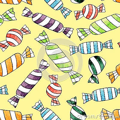 Abstract watercolor candy seamless pattern on the yellow background Stock Photo