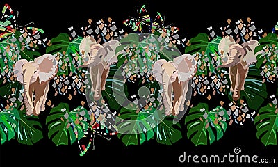 Abstract watercolor draw of baby elephants, tropical green leaves Stock Photo