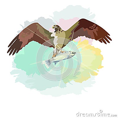 Abstract watercolor draw of eagle soaring in sky with prey fish Cartoon Illustration