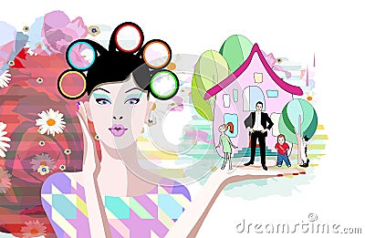 Abstract watercolor draw housewife in curlers Stock Photo