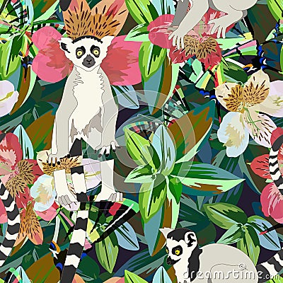 Abstract watercolor draw two lemur striped white black, background tropical forest Stock Photo