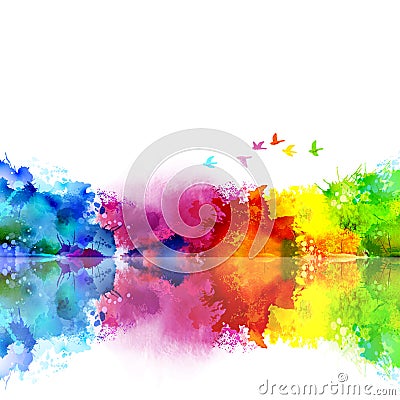 Abstract Watercolor fantastic landscape with a flying flock of birds. Calm lake created colored blotches and spots. Vector Illustration