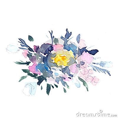 Abstract watercolor floral illustration in a la prima style, watercolor roses - flowers, twigs, leaves, buds. Hand Stock Photo