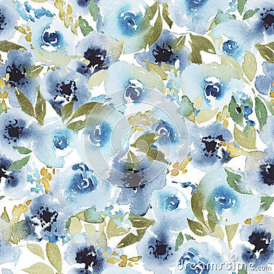 Abstract watercolor floral pattern with blue rose Stock Photo