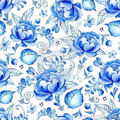 Abstract watercolor floral seamless pattern with folk art flowers.Blue white ornament. Background with blue-white flowers,leaves,c Stock Photo