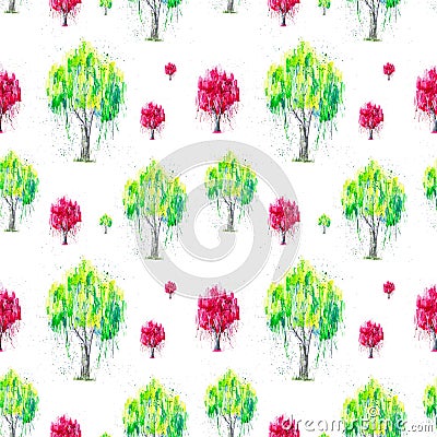 Abstract watercolor illustration of green and red Russian birch tree with splashis isolated on white background. Hand painted on Cartoon Illustration