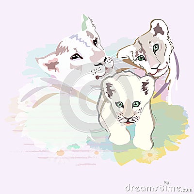 Abstract watercolor illustration of a happy Lion family Cartoon Illustration