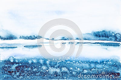 Abstract watercolor illustration of a night landscape de the lake with falling snow Cartoon Illustration