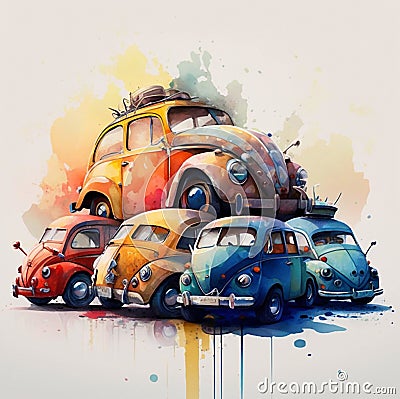 Abstract, watercolor, illustrations, ink painting, bicycles, motorcycles, cars, pickup trucks, trucks, trucks, trains, gold Cartoon Illustration