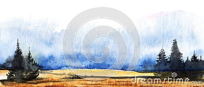 Abstract watercolor landscape with coniferous trees. Blurry sketch of bare brown land with dark silhouettes of fir trees against Stock Photo