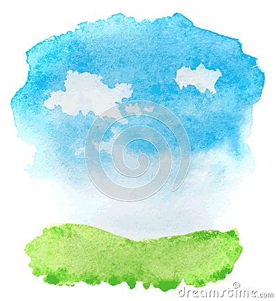 Abstract watercolor landscape with grass and clouds Vector Illustration