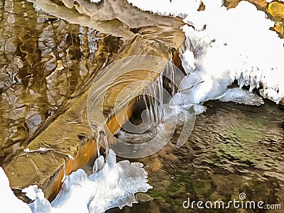 Abstract watercolor landscape. Spring stream, snow and ice, water cascade, waterfall. Digital painting. Watercolor drawing Stock Photo